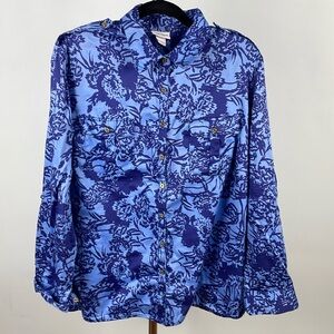 Blue floral pattern, gold buttons, 100% cotton blouse